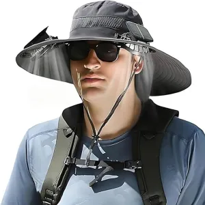 Solar Powered Fishing Hat with Fans - UPF 50  Wide Brim Sun Protection Hat, Cooling & Lightweight, Waterproof for Hiking