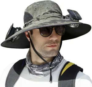 Solar Powered Outdoor Fishing Hat, Wide Brim Fan Outdoor Fishing Hat-Solar & USB Charging with Two Fans