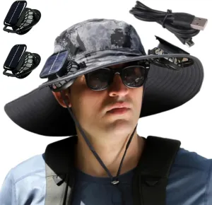 Solar Powered Outdoor Fishing Hat, Wide Brim Fan Outdoor Fishing Hat-Solar & USB Charging with Two Fans
