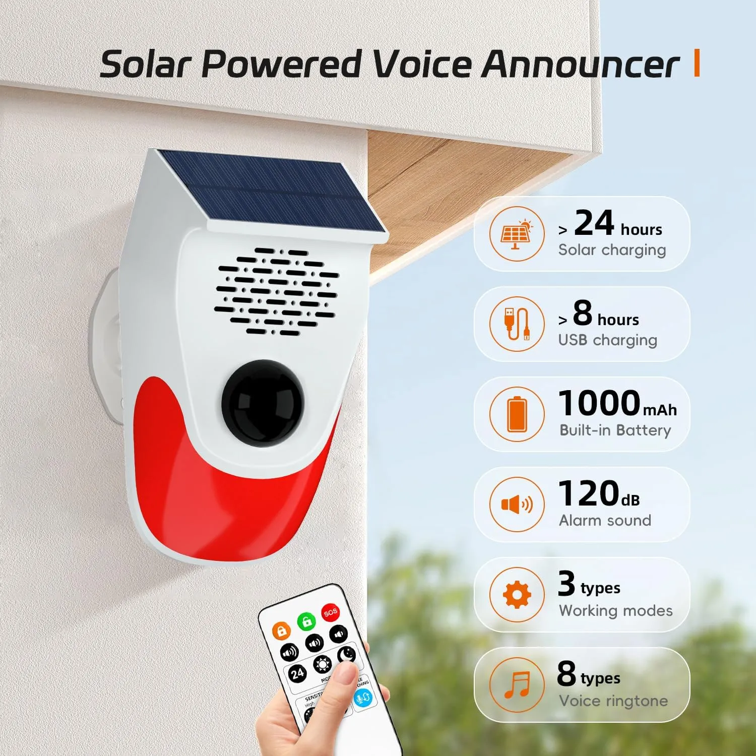 Solar Powered Voice Announcer Solar Infrared Human Body Detector High Decibel Sound and Light Alarm Decive with Three Operating Modes Adjustment