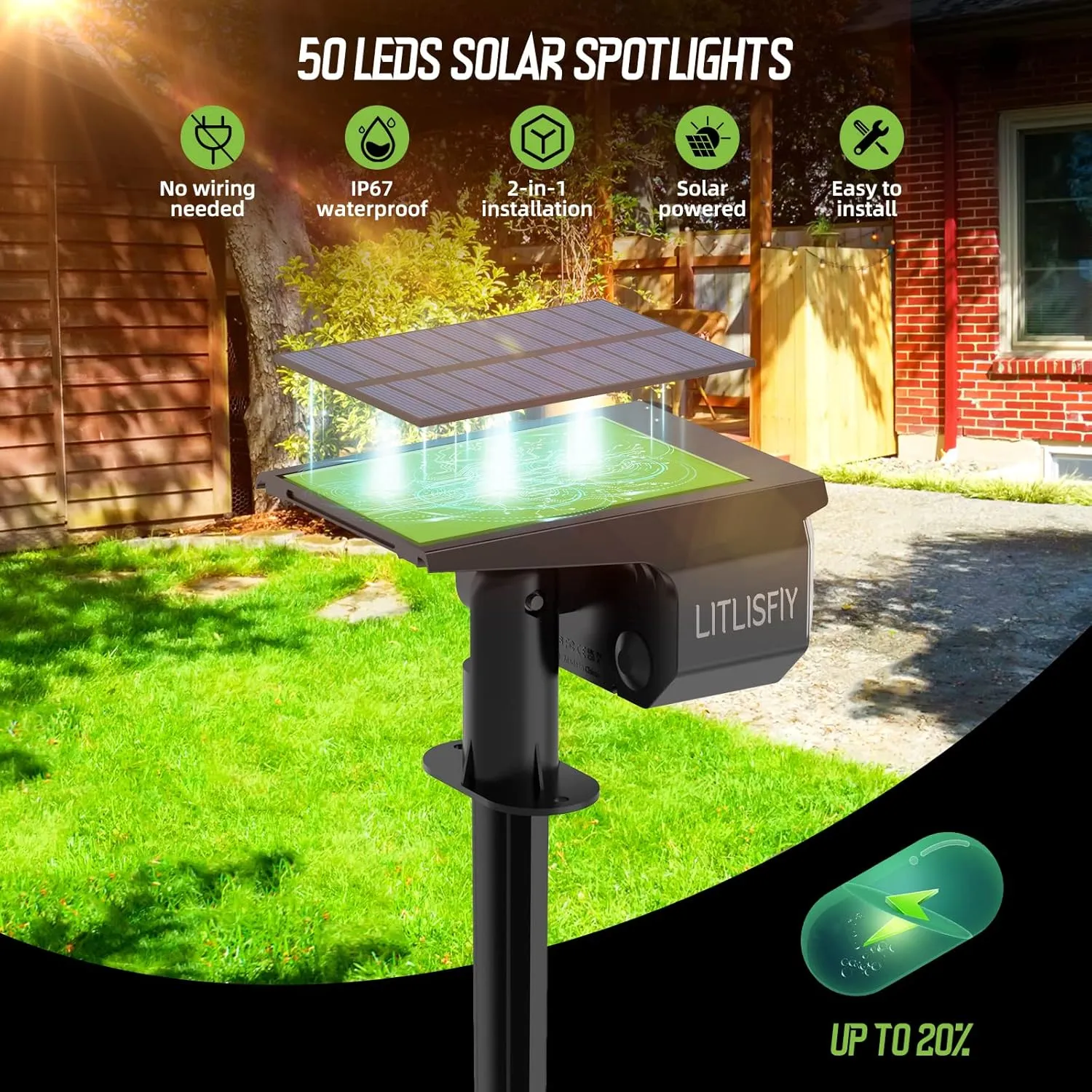 Solar Spot Lights Outdoor Landscape Lights, 50 LEDs Solar Spotlight Outdoor Auto On/Off with 3 Modes, LITLISFlY IP67 Solar Outdoor Lights Waterproof Garden Light, 2-in-1 Solar Spotlight for Yard,