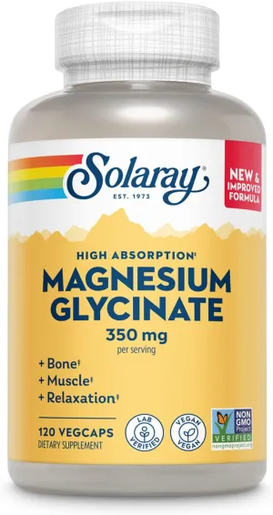 SOLARAY Magnesium Glycinate Capsules, Chelated Magnesium Bisglycinate w/BioPerine, Higher Absorption Magnesium Supplement - Bones, Muscles, Heart Support, Vegan (30 Servings, 120 VegCaps)