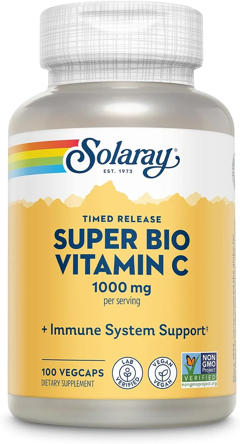 SOLARAY Super Bio Buffered Vitamin C 1000mg, Two-Stage, Timed Release Vitamin C with Bioflavonoids, Immune Support Supplement - High Absorption, Vegan, 60 Day Guarantee, 50 Servings, 100 VegCaps