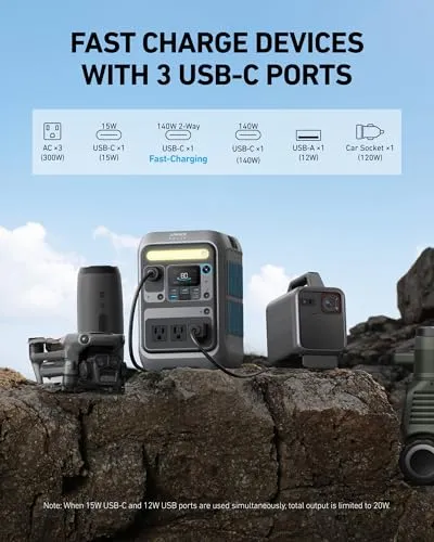 SOLIX C300 Portable Power Station,Outdoor 288Wh LiFePO4 Battery, 300W