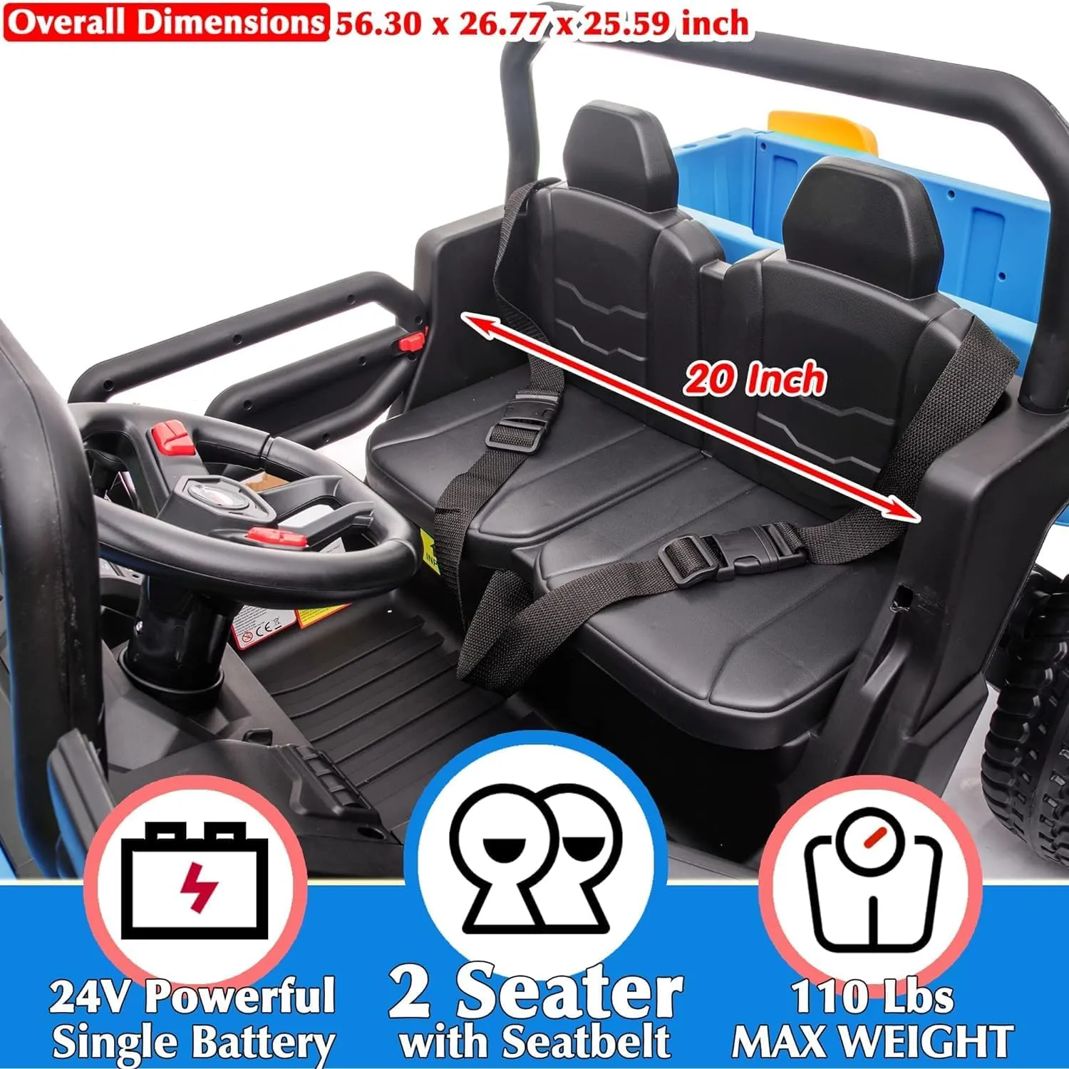 sopbost 2 Seater 24V Kids Ride On Truck with Electric Dump Bed, 4WD Battery Powered Ride On Toy Car with Remote Control, Extra Shovel, Music Play, EVA Tires Wheels, Blue