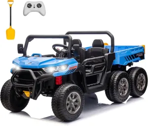sopbost 2 Seater 24V Kids Ride On Truck with Electric Dump Bed, 4WD Battery Powered Ride On Toy Car with Remote Control, Extra Shovel, Music Play, EVA Tires Wheels, Blue