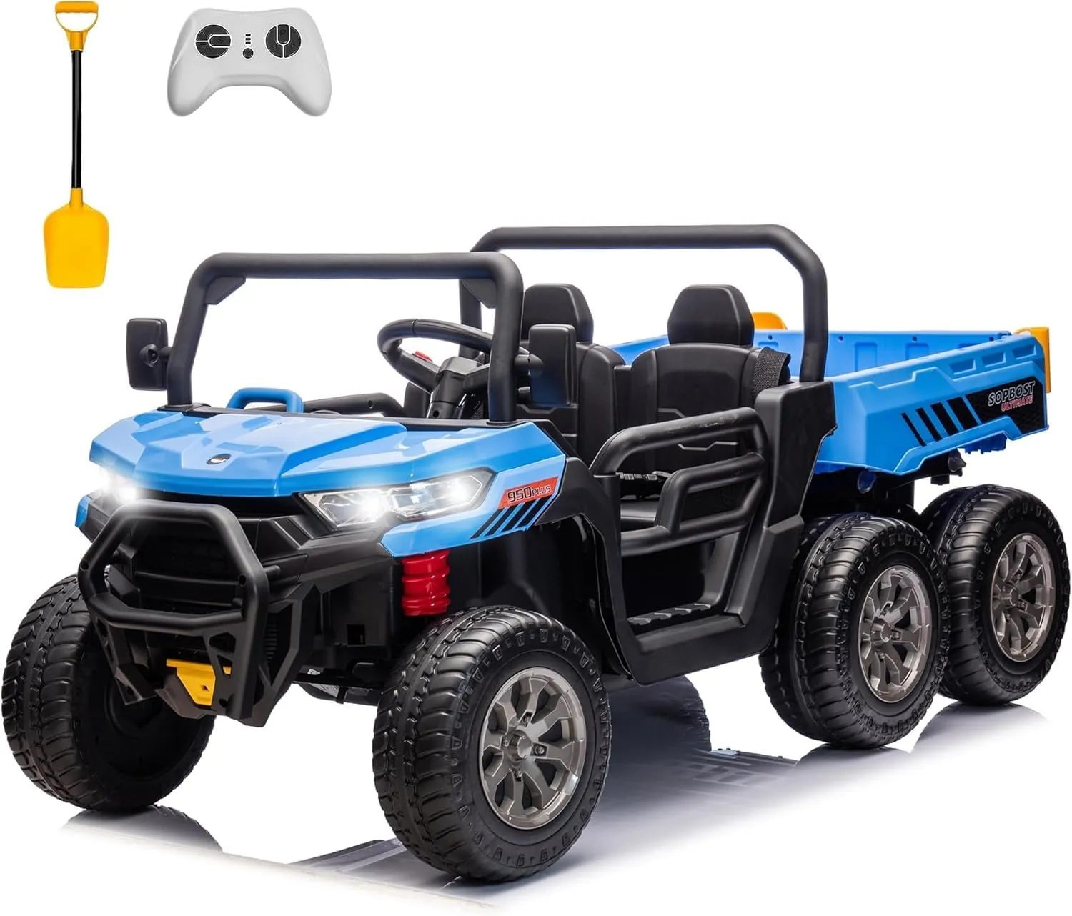 sopbost 2 Seater 24V Kids Ride On Truck with Electric Dump Bed, 4WD Battery Powered Ride On Toy Car with Remote Control, Extra Shovel, Music Play, EVA Tires Wheels, Blue