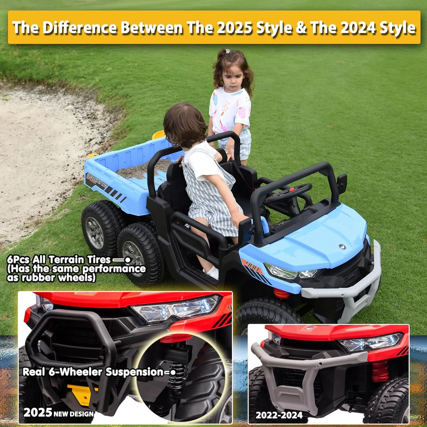 sopbost 2 Seater 24V Kids Ride On Truck with Electric Dump Bed, 4WD Battery Powered Ride On Toy Car with Remote Control, Extra Shovel, Music Play, EVA Tires Wheels, Blue