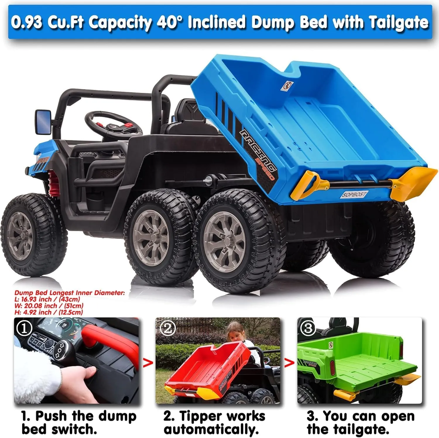 sopbost 2 Seater 24V Kids Ride On Truck with Electric Dump Bed, 4WD Battery Powered Ride On Toy Car with Remote Control, Extra Shovel, Music Play, EVA Tires Wheels, Blue