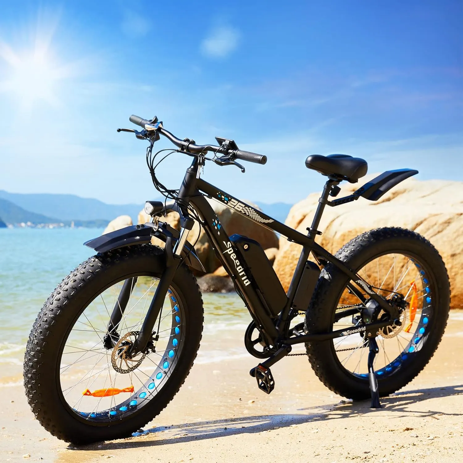 Speedrid Electric Bike 26" Fat Tire Electric Bike for Adult Electric Mountain Bike with Peak 750W 48V 10.4Ah Removable Battery, 3H Fast Charge, Lockable Suspension Fork-7 Speed