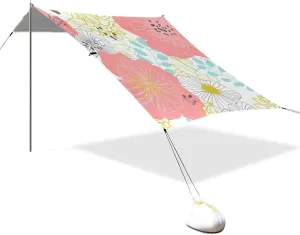 Spring Colorful Flowers Designed UPF50  Protection Foldable Beach Canopy Waterproof Portable Sun Shelter with Sturdy Poles, Sandbags and Shovel for Backyard, Grassland, Park toldo para Playa