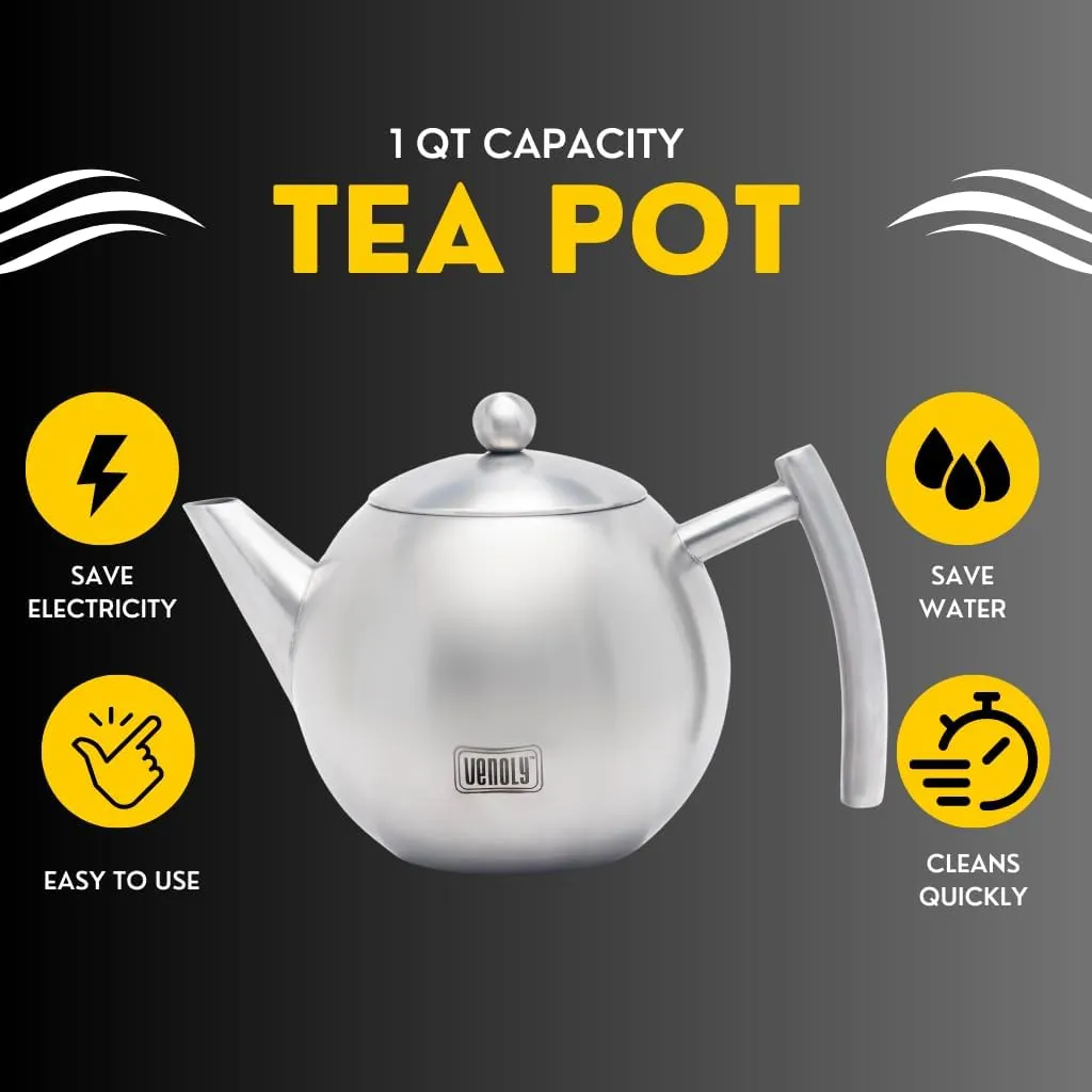 Stainless Steel Tea Pot With Removable Infuser For Loose Leaf and Tea Bags, Hot Water Fast to Boil, Dishwasher Safe and Heat Resistant (Silver, 1 Quarts/Liters)