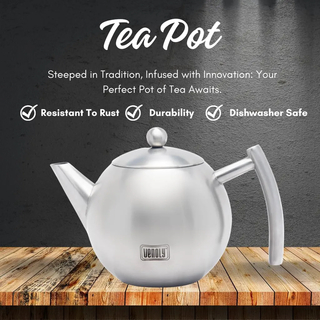 Stainless Steel Tea Pot With Removable Infuser For Loose Leaf and Tea Bags, Hot Water Fast to Boil, Dishwasher Safe and Heat Resistant (Silver, 1 Quarts/Liters)