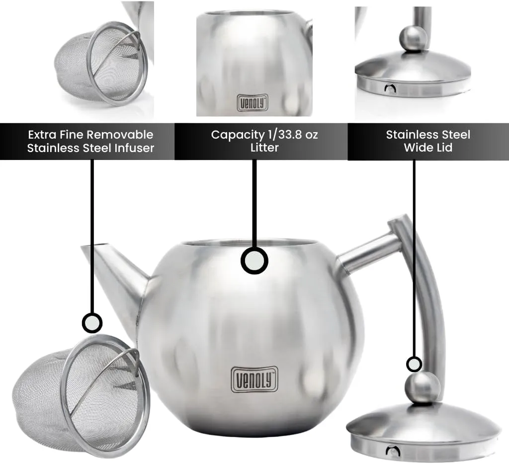 Stainless Steel Tea Pot With Removable Infuser For Loose Leaf and Tea Bags, Hot Water Fast to Boil, Dishwasher Safe and Heat Resistant (Silver, 1 Quarts/Liters)