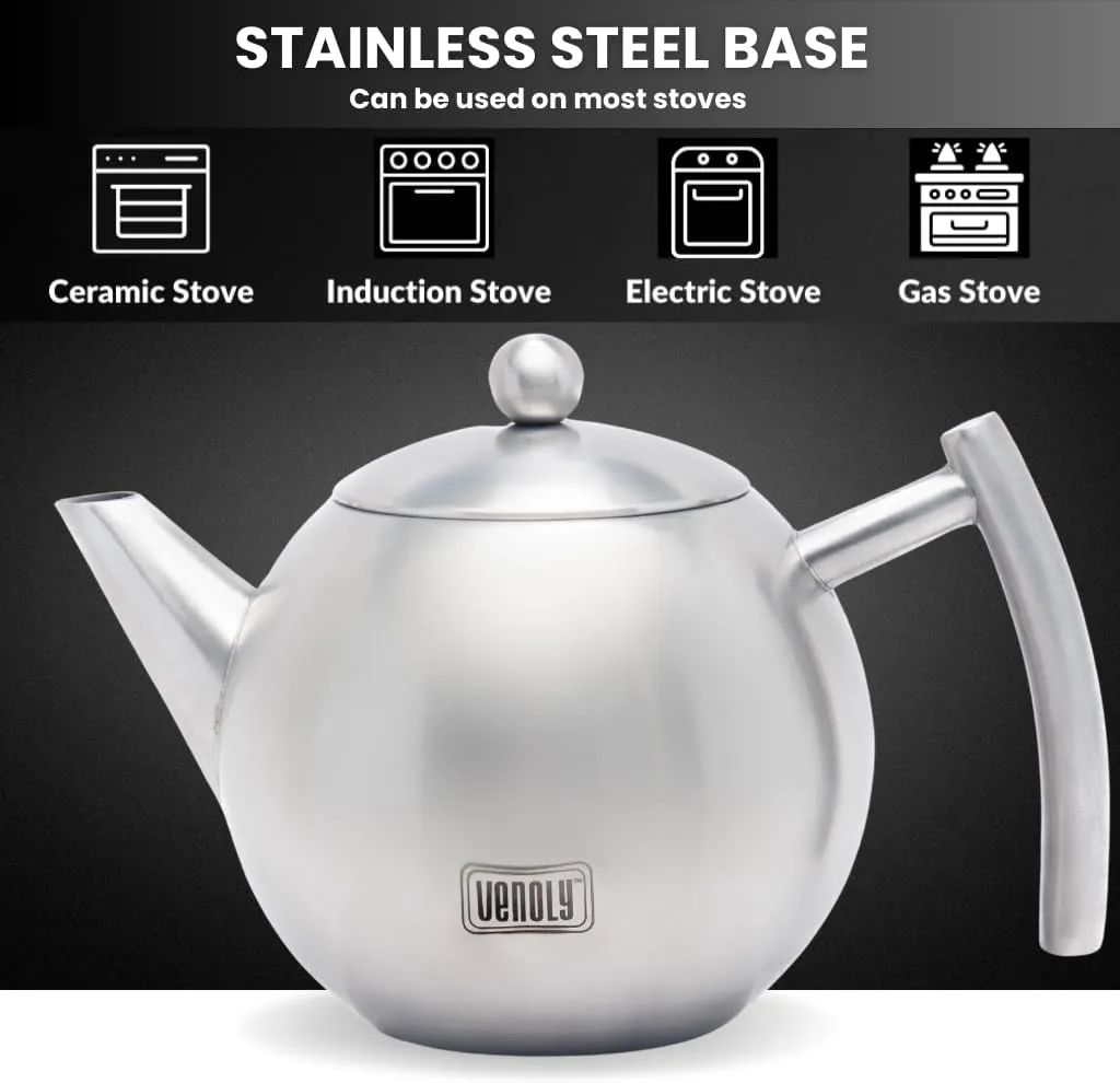 Stainless Steel Tea Pot With Removable Infuser For Loose Leaf and Tea Bags, Hot Water Fast to Boil, Dishwasher Safe and Heat Resistant (Silver, 1 Quarts/Liters)