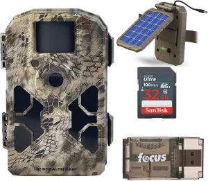 Stealth Cam 2022 G42NG 32MP No Glow Trail Camera (Kryptek Camouflage) Bundle with Solar Power Panel and 32GB Memory Card (4 Items)