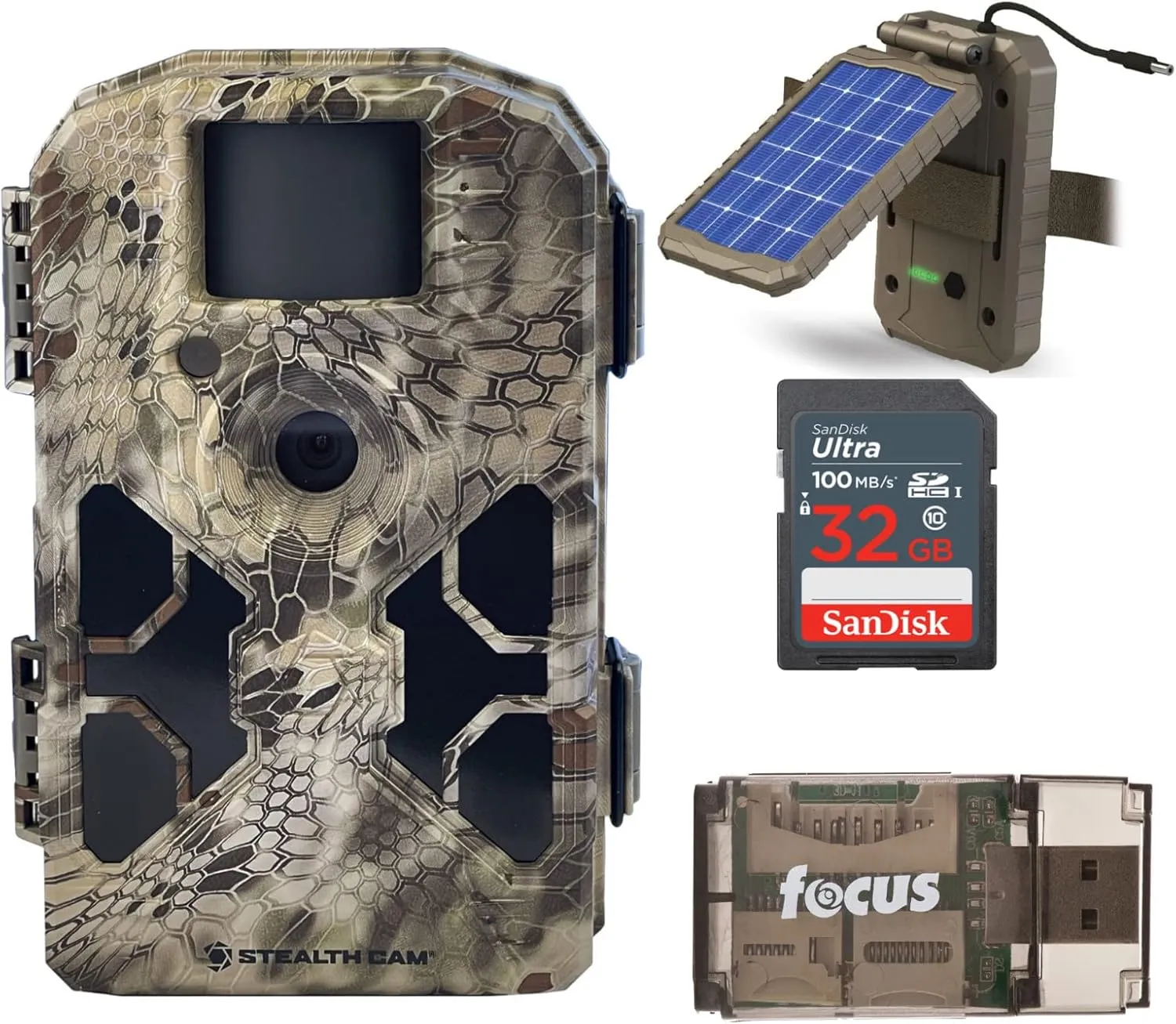 Stealth Cam 2022 G42NG 32MP No Glow Trail Camera (Kryptek Camouflage) Bundle with Solar Power Panel and 32GB Memory Card (4 Items)