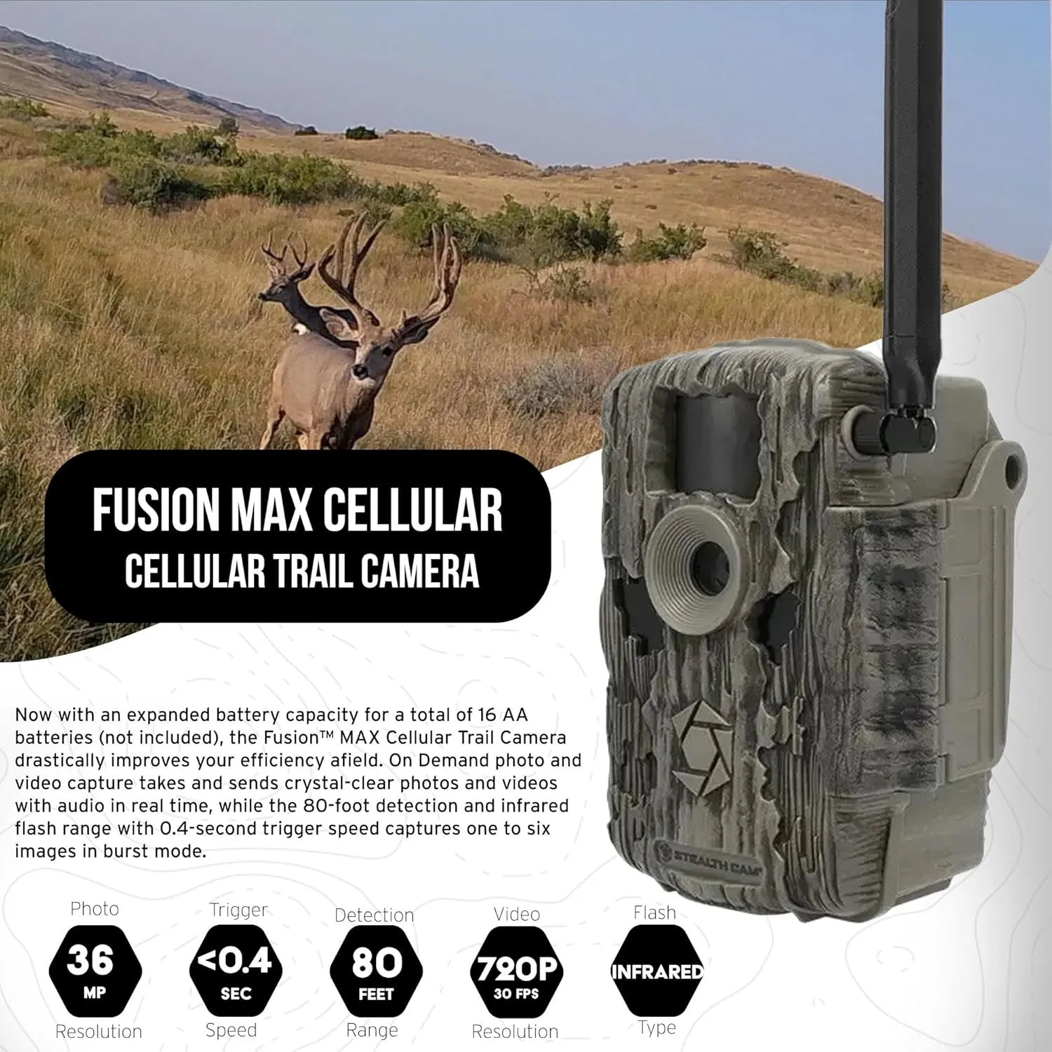 Stealth Cam 36MP Fusion Max Cellular Trail Camera with 80 Feet Detection Range Bundle with Solar Power Pack, Trail Camera Mount Stick, 32GB Memory Card, and USB 2.0 Card Reader (5 Items)
