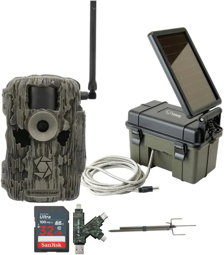 Stealth Cam 36MP Fusion Max Cellular Trail Camera with 80 Feet Detection Range Bundle with Solar Power Pack, Trail Camera Mount Stick, 32GB Memory Card, and USB 2.0 Card Reader (5 Items)