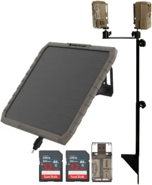 Stealth Cam FieldMax External EX 3000 mAh Solar Battery Pack with Solar Panel Bundle with Dual Camera Ground Mount (Black), 32GB UHS-I Memory Card (2-Pack), and Card Reader (5 Items)