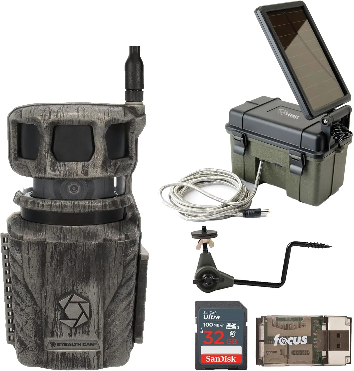 Stealth Cam Revolver 36MP 360-Degree Cellular Trail Camera with 1/4-Inch Threaded Mount Bundle with Trail Camera 12V Solar Auxiliary Power Pack, Camera Holder, Memory Card and Card Reader