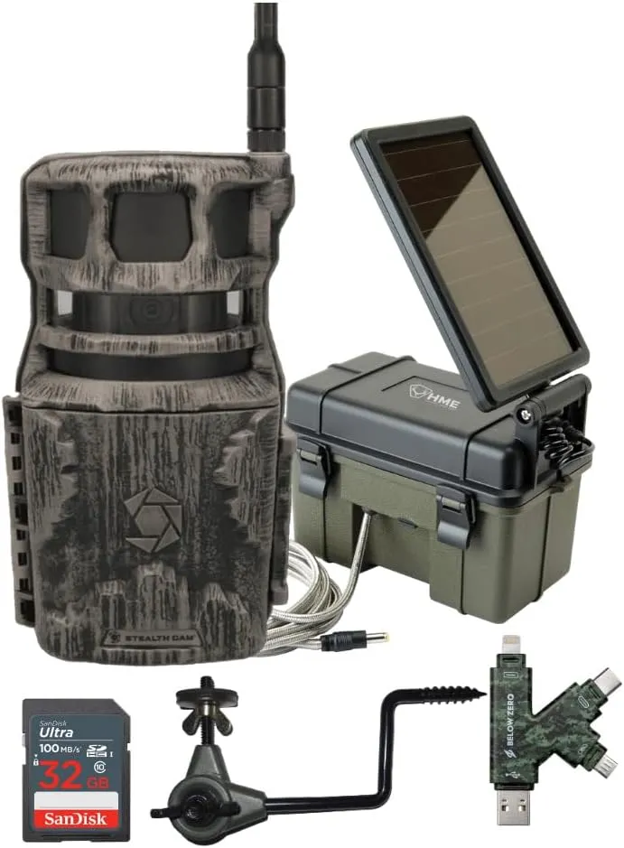 Stealth Cam Revolver 40MP Pro 360-Degree Cellular Trail Camera Bundle with Trail Camera 12V with Solar Auxiliary Power Pack, Trail Camera Holder, 32GB Memory Card, and SD Reader and Writer (5 Items)