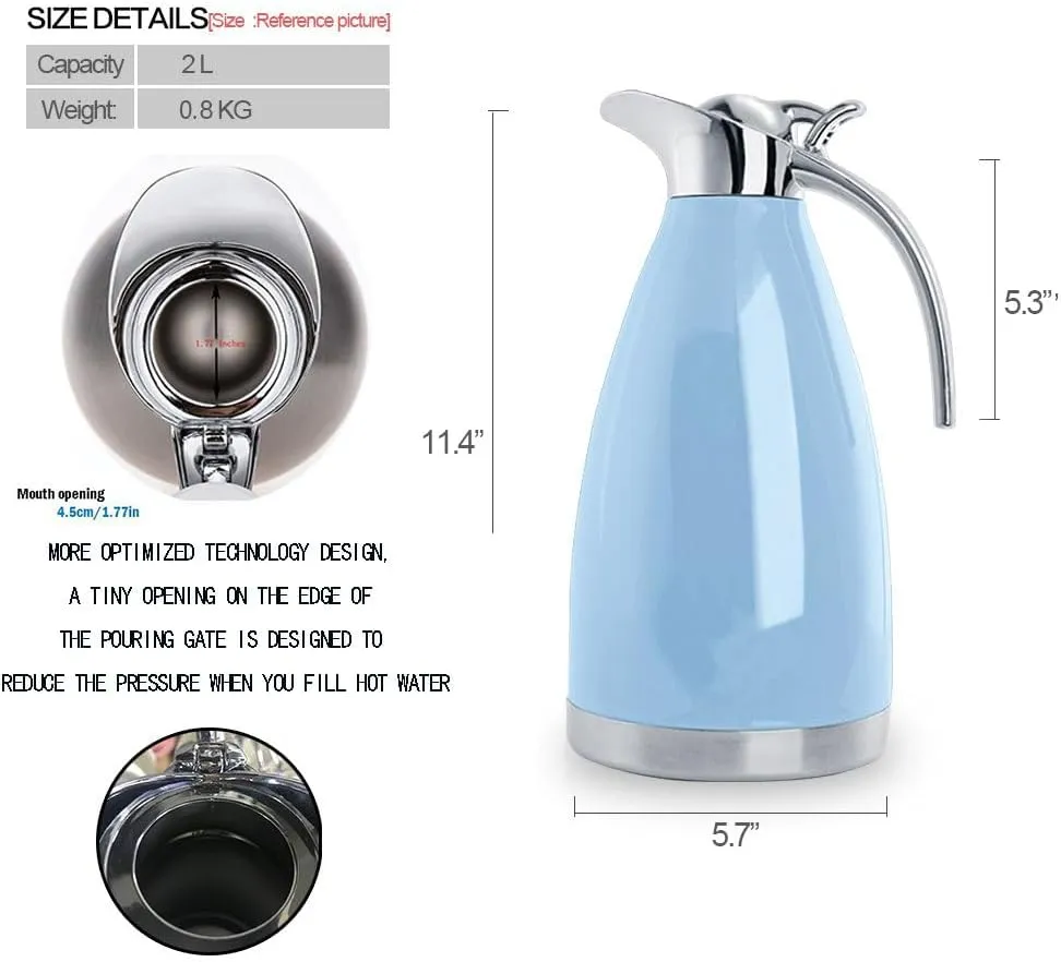 Sumerflos 68 Oz Stainless Steel Coffee Thermal Carafe/Double Walled Vacuum Thermos Insulated / 12 Hour Heat Retention / 2 Liters (Blue)