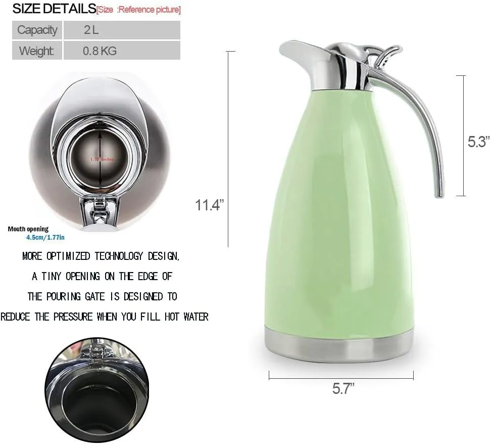 Sumerflos 68 Oz Stainless Steel Coffee Thermal Carafe/Double Walled Vacuum Thermos Insulated / 12 Hour Heat Retention / 2 Liters (Green)