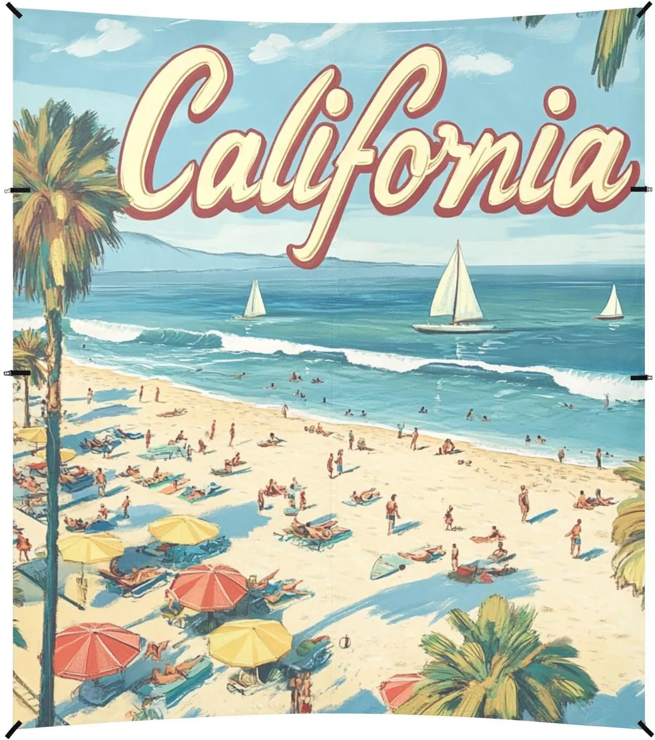 Summer Beach California Scene Stable Beach Tent UPF50 Water-Resistant Outdoor Sun Shade with Sandbags and Shovel for Camping, Fishing, Backyard Fun