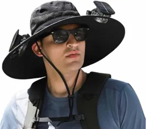 Sun Hat with 2 Solar Powered Fans,UPF 50  Wide Brim Solar Fan Hats Outdoor Fishing Hat for Men,USB Charging