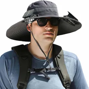 Sun Hat with 2 Solar Powered Fans,UPF 50  Wide Brim Solar Fan Hats Outdoor Fishing Hat for Men,USB Charging