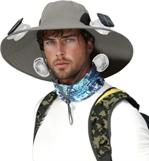 Sun Hat with Solar Powered Fans, Wide Brim Solar Fan Hat for Men, Removable & USB Charging UPF 50  Hats for Fishing