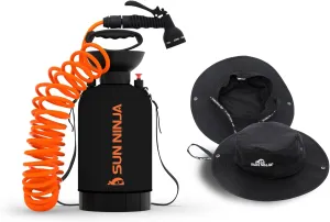 SUN NINJA Portable Shower and Bucket Hat Bundle with Multi-Spray Shower Head, Neoprene Cover, UPF 50  Reversible Sun Hat, Shoulder Strap - Outdoor Camping, Beach, Hiking & Sun Protection