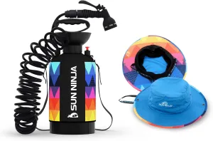SUN NINJA Portable Shower and Bucket Hat Bundle with Multi-Spray Shower Head, Neoprene Cover, UPF 50  Reversible Sun Hat, Shoulder Strap - Outdoor Camping, Beach, Hiking & Sun Protection