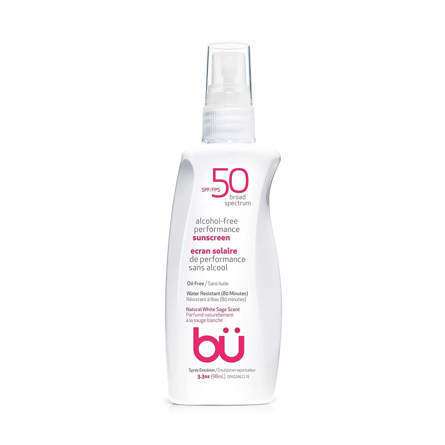 Sunscreen Spray SPF 50 by Bu - Travel Size Organic Biodegradable Sun Block for Sensitive Skin - Oil-Free, Alcohol-Free, Non Comedogenic, Water-Resistant (White Sage, 3.3 Ounce)