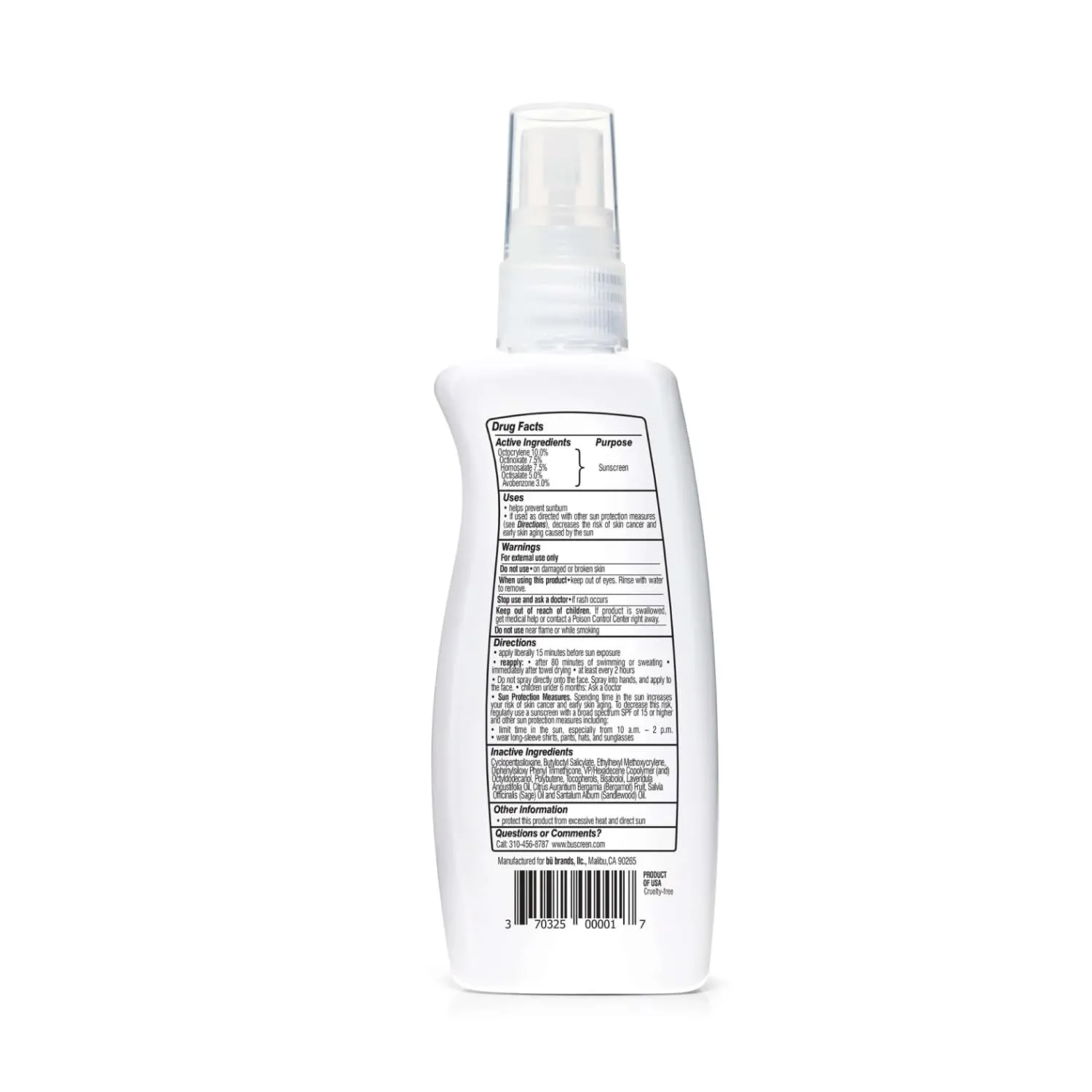 Sunscreen Spray SPF 50 by Bu - Travel Size Organic Biodegradable Sun Block for Sensitive Skin - Oil-Free, Alcohol-Free, Non Comedogenic, Water-Resistant (White Sage, 3.3 Ounce)