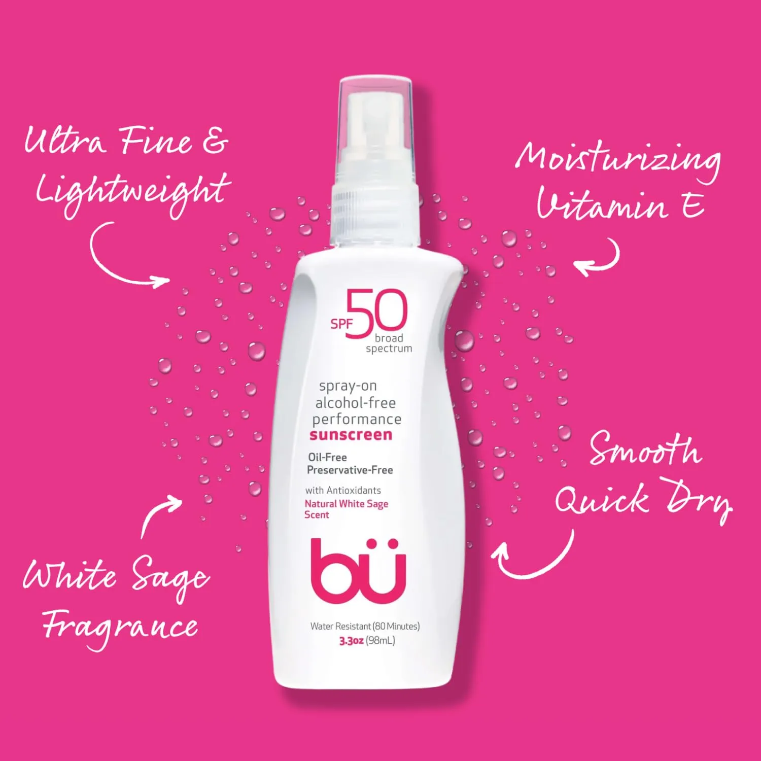 Sunscreen Spray SPF 50 by Bu - Travel Size Organic Biodegradable Sun Block for Sensitive Skin - Oil-Free, Alcohol-Free, Non Comedogenic, Water-Resistant (White Sage, 3.3 Ounce)