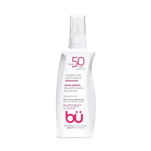 Sunscreen Spray SPF 50 by Bu - Travel Size Organic Biodegradable Sun Block for Sensitive Skin - Oil-Free, Alcohol-Free, Non Comedogenic, Water-Resistant (White Sage, 3.3 Ounce)