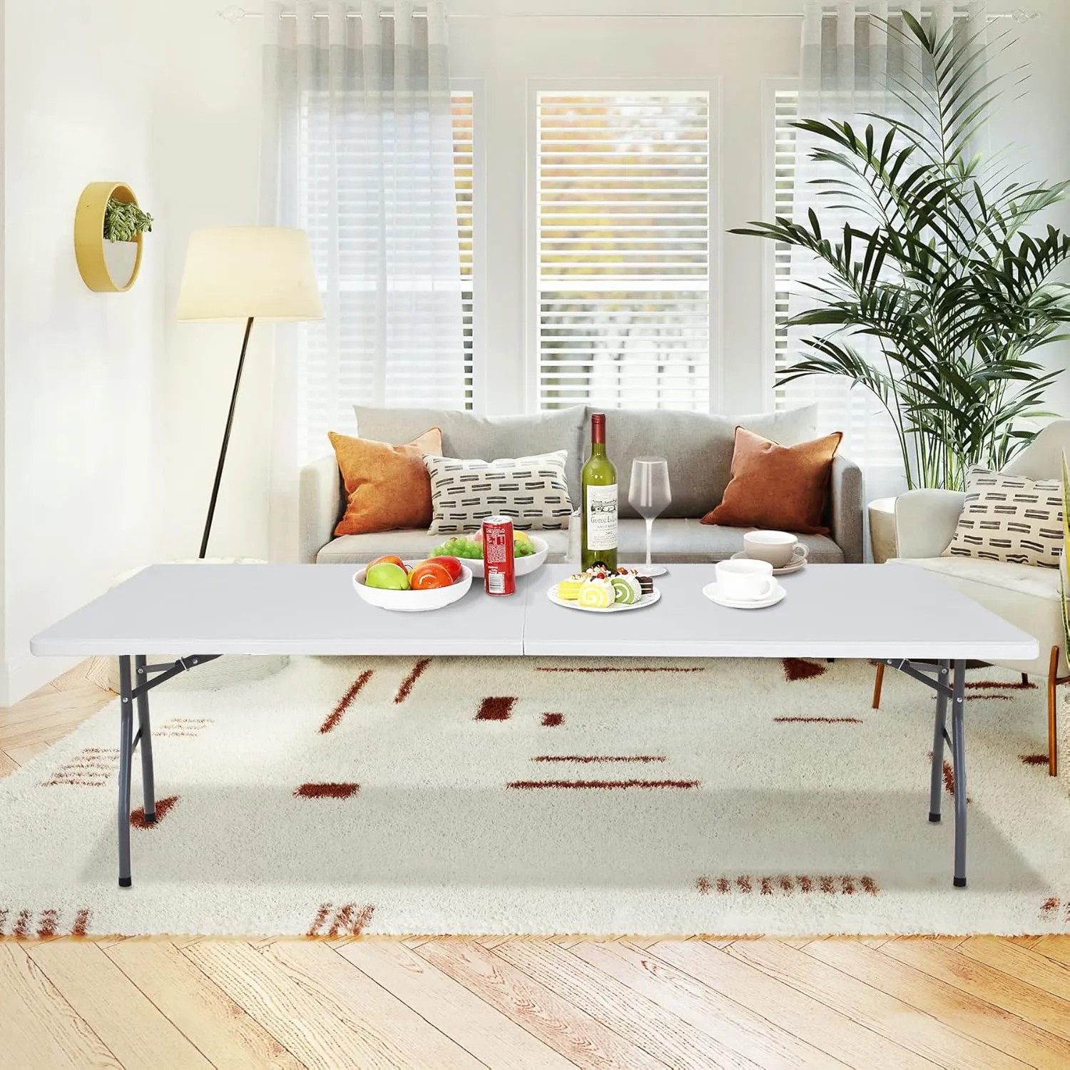 SUPER DEAL 8FT Folding Picnic Table for Indoor Outdoor, Portable Fold-in-Half Plastic Dining Camping Party Table with Carrying Handle