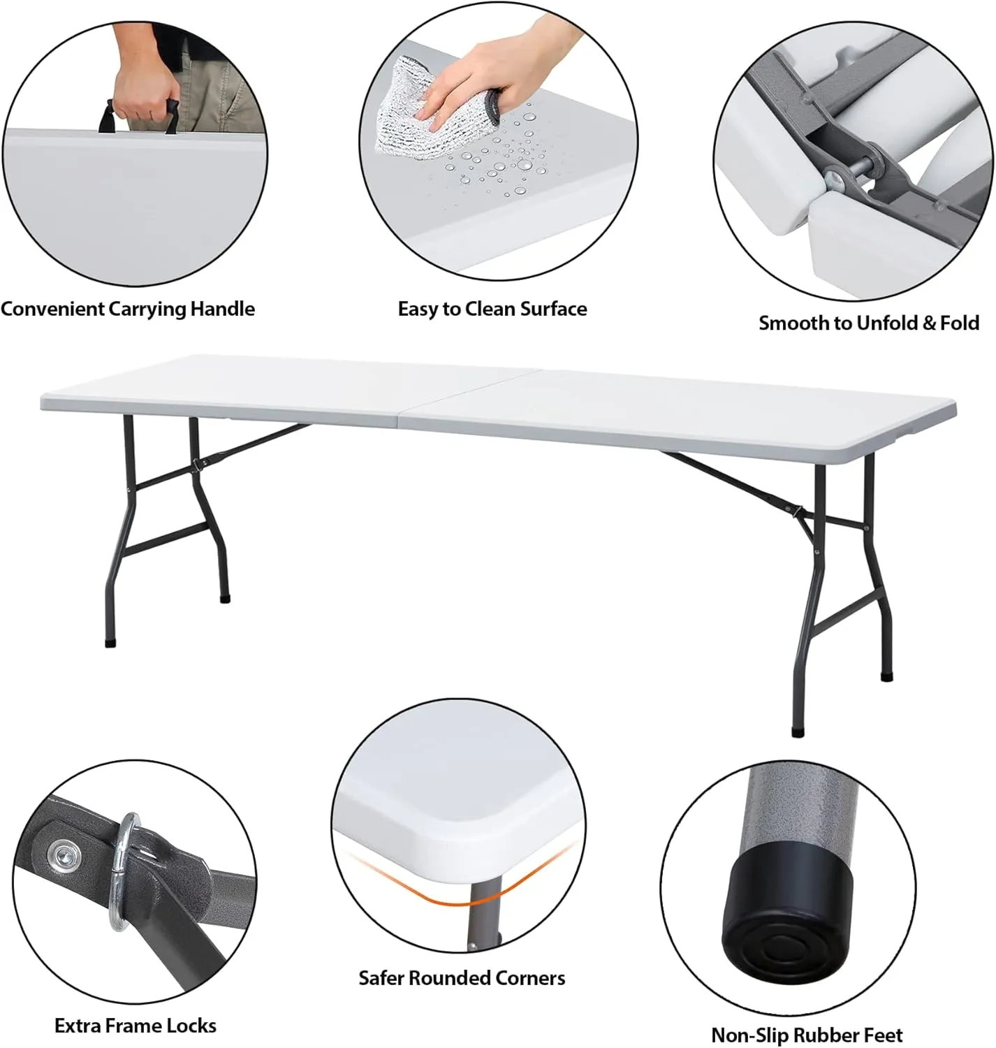 SUPER DEAL 8FT Folding Picnic Table for Indoor Outdoor, Portable Fold-in-Half Plastic Dining Camping Party Table with Carrying Handle