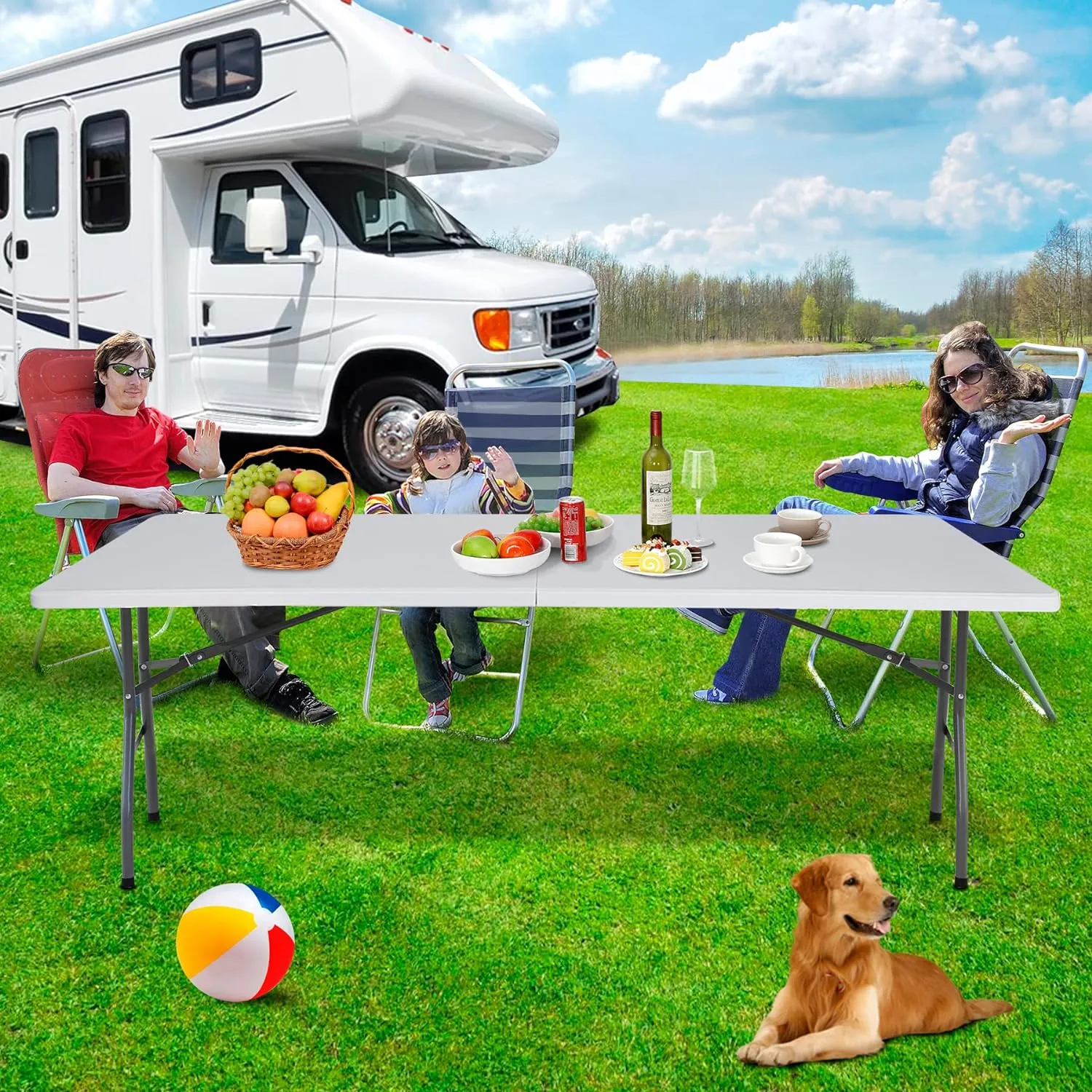 SUPER DEAL 8FT Folding Picnic Table for Indoor Outdoor, Portable Fold-in-Half Plastic Dining Camping Party Table with Carrying Handle