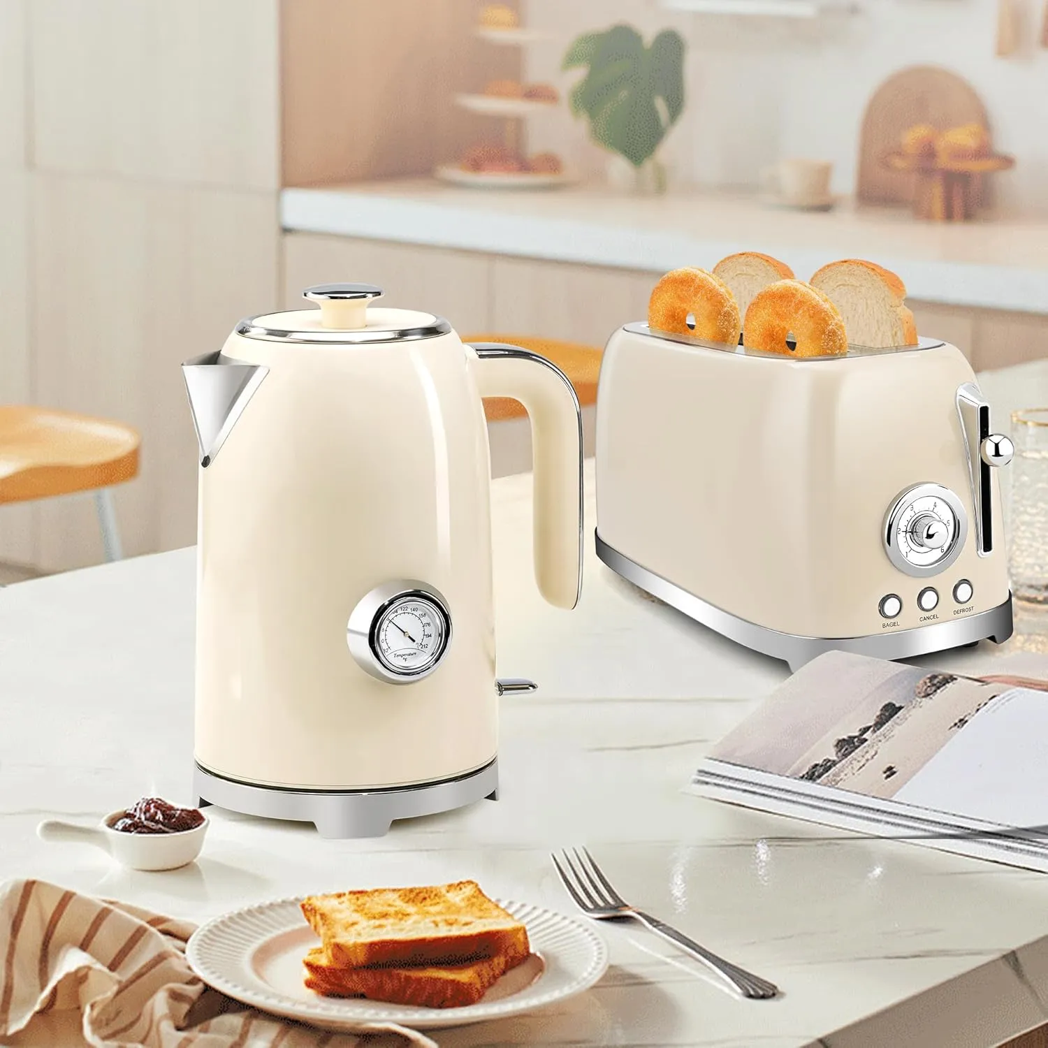 SUSTEAS Electric Kettle - 57oz Hot Tea Kettle Water Boiler with Thermometer, 1500W Fast Heating Stainless Steel Tea Pot, Cordless with LED Indicator, Auto Shut-Off & Boil Dry Protection, Beige