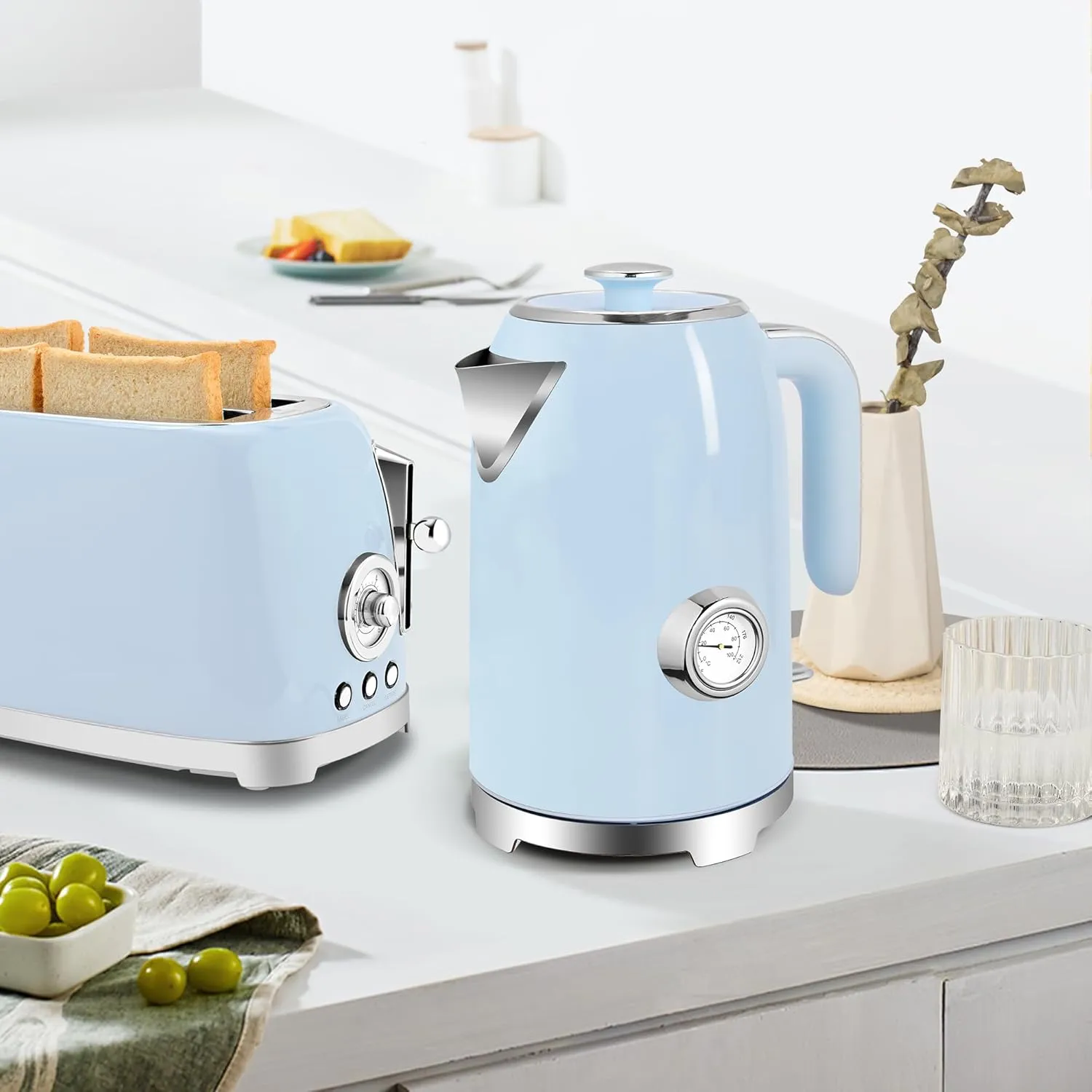 SUSTEAS Electric Kettle - 57oz Hot Tea Kettle Water Boiler with Thermometer, 1500W Fast Heating Stainless Steel Tea Pot, Cordless with LED Indicator, Auto Shut-Off & Boil Dry Protection, Blue