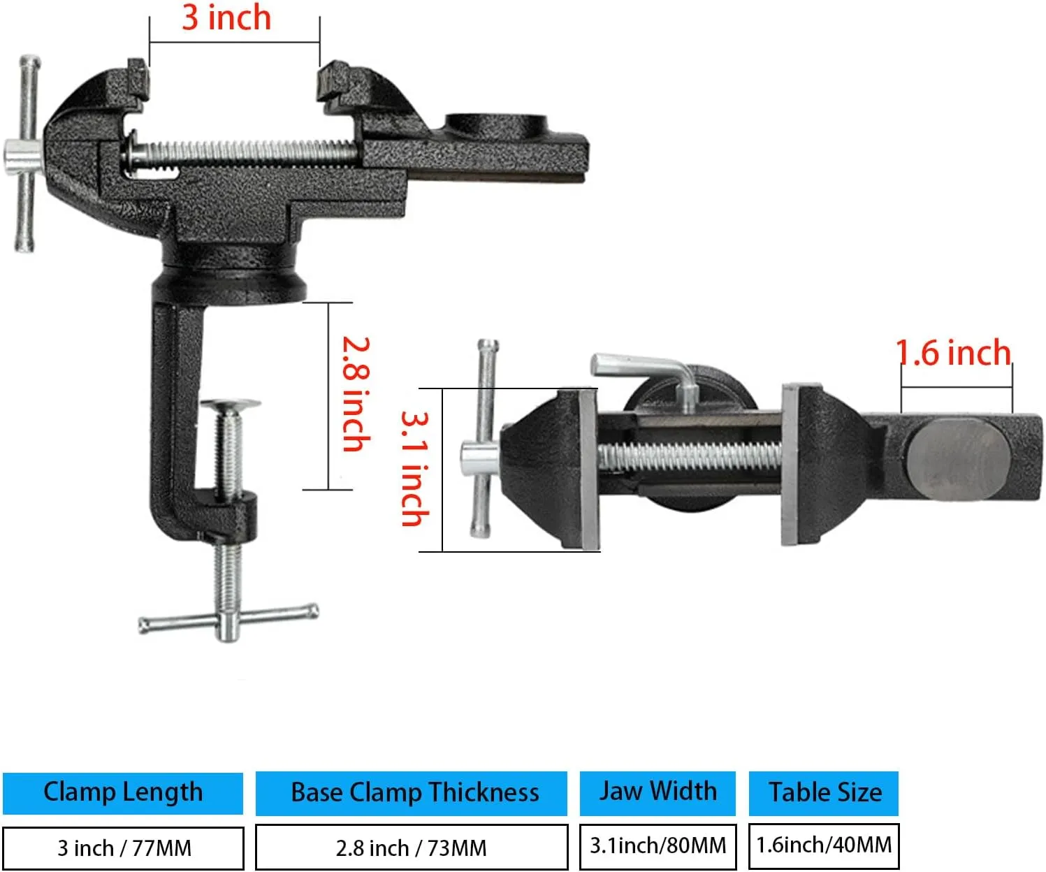 Table Vise 3 Inch, 360° Swivel Base Universal Home Vise Portable Bench Clamp,Bench Vise For Workbench,Vise Clamp for Woodworking, Handcraft Creations, Metalworking, Cutting Conduit, Drilling, Sawing