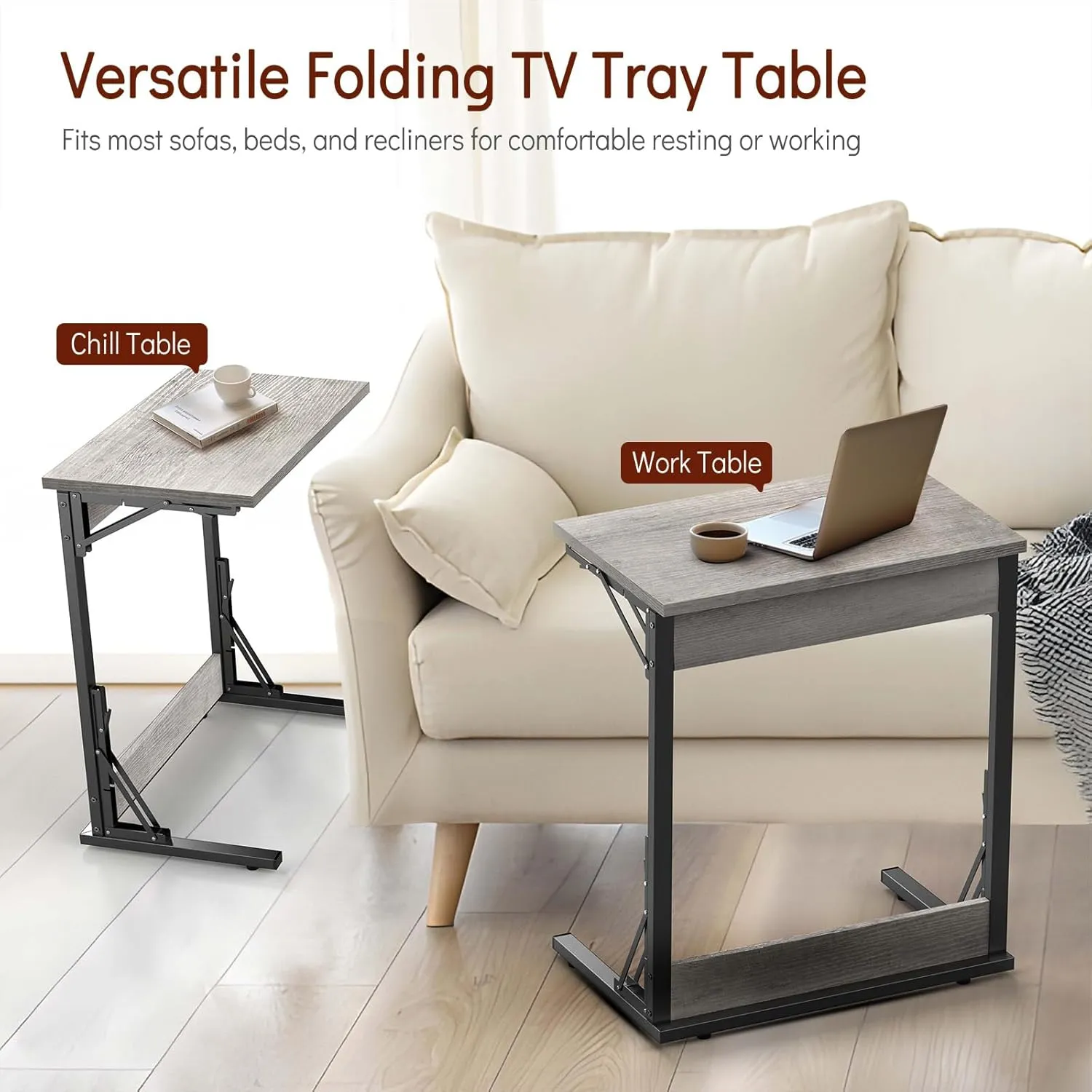 Tatub 24" Folding C Shaped End Table Set of 2, Small Sofa Side Laptop Desk, Couch TV Tray Table for Living Room, Bedroom, Light Ivory
