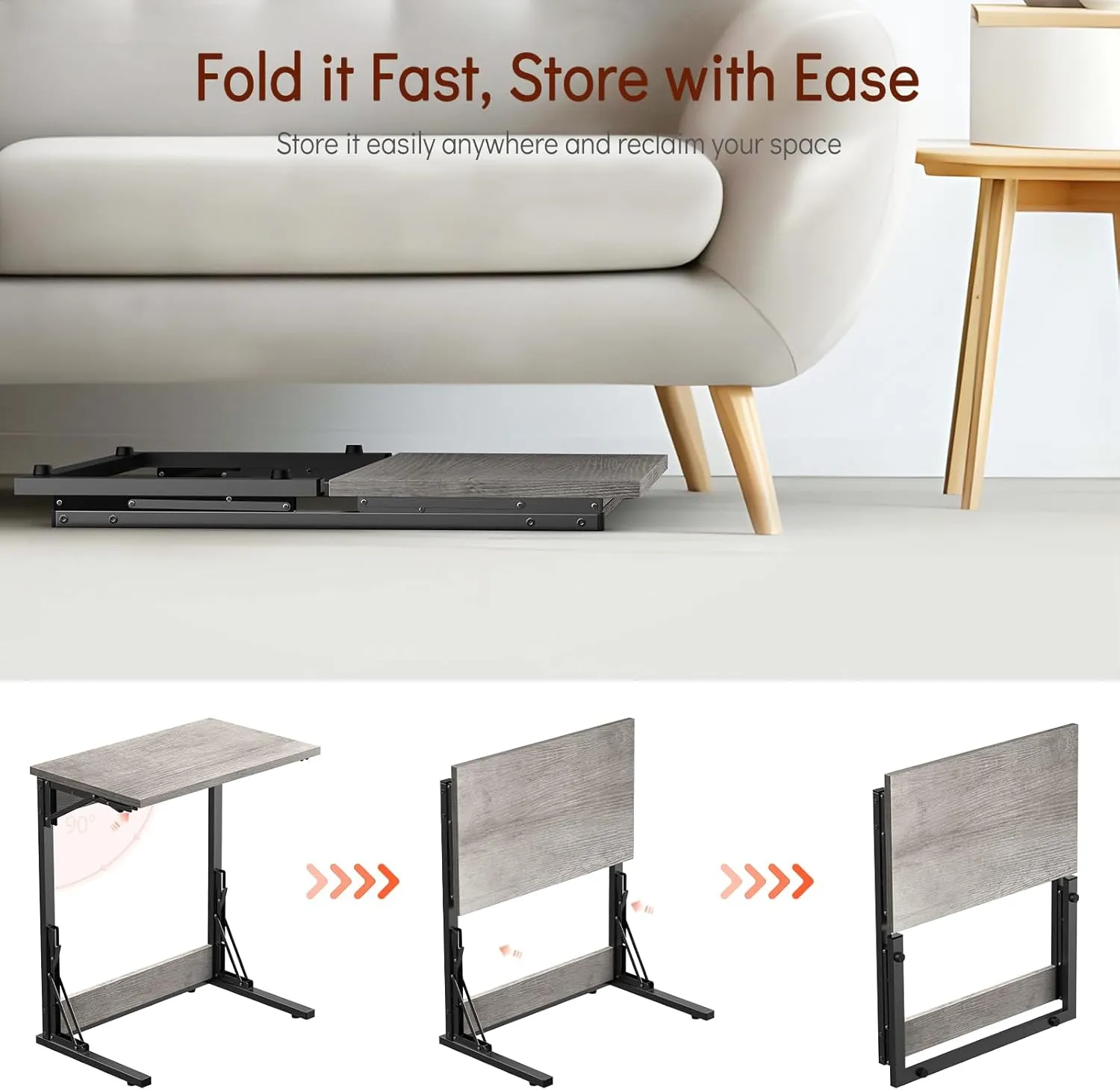 Tatub 24" Folding C Shaped End Table Set of 2, Small Sofa Side Laptop Desk, Couch TV Tray Table for Living Room, Bedroom, Light Ivory