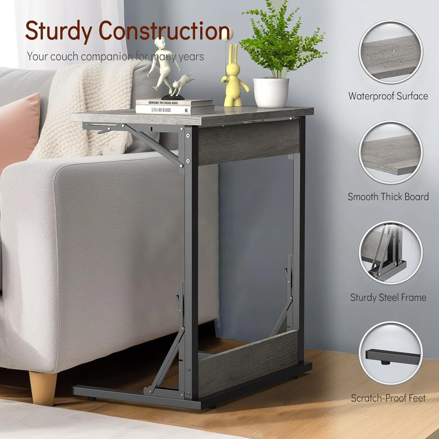 Tatub 24" Folding C Shaped End Table Set of 2, Small Sofa Side Laptop Desk, Couch TV Tray Table for Living Room, Bedroom, Light Ivory
