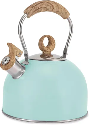 Tea Kettle, Vegoran 85 OZ / 2.5 Liter Whistling Tea Kettle, Tea Pots for Stove Top Food Grade Stainless Steel with Wood Pattern Folding Handle, Loud Whistle Kettle for Tea, Coffee, Milk (Blue)