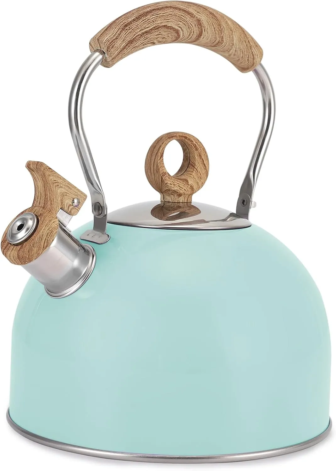 Tea Kettle, Vegoran 85 OZ / 2.5 Liter Whistling Tea Kettle, Tea Pots for Stove Top Food Grade Stainless Steel with Wood Pattern Folding Handle, Loud Whistle Kettle for Tea, Coffee, Milk (Blue)