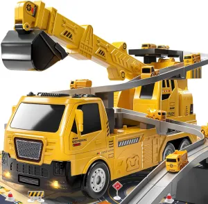 TEMI Engineering Crane, Kids Construction Truck Toys for 3 4 5 6 7 Years Old - Car Race Tracks, Excavator, Boy Toys for 3-5 Year Old Toddlers, Gifts Toys for Boys and Girls Aged 4-6, Outdoor Playset